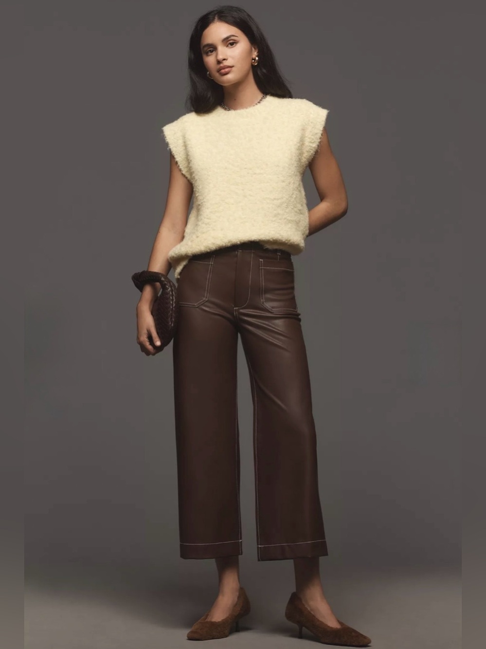 Maeve Cropped Faux-Leather Wide-Leg Pants in Dark Brown